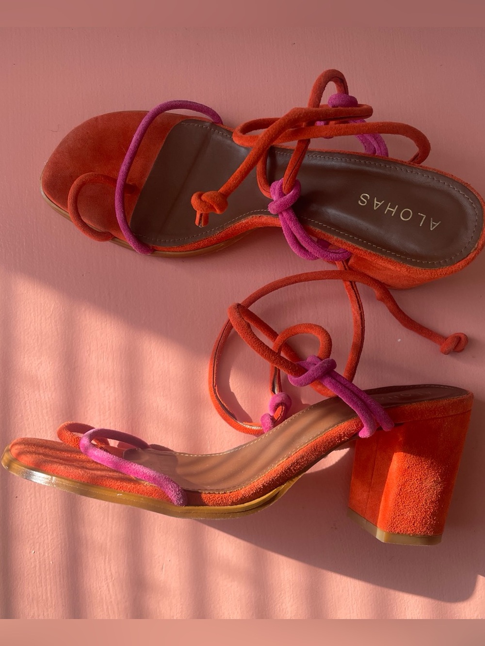 ALOHAS Orange and Pink Suede Block Heel Sandals